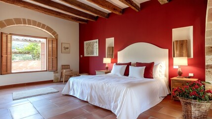 Burgundy and white bedding complement a red accent wall. Wood beams and an archway