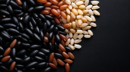 An assortment of colorful rice grains artistically arranged on a black surface, emphasizing diversity in nature's palette and culinary aesthetics.