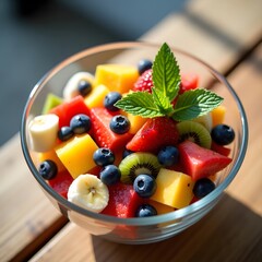 A vibrant bowl filled with assorted fruits like berries and melons, garnished with a fresh green mint leaf on top.  