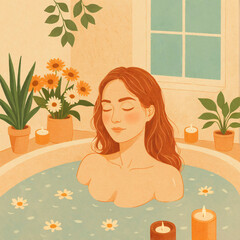 Relaxing self-care bath illustration with candles and flowers. Ideal for themes of mental health, relaxation, and beauty routines.