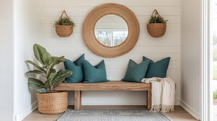 Calm entryway with wicker mirror, teal cushions, wooden bench, wall baskets, and a soft rug
