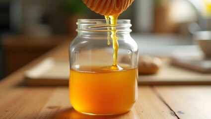 A hand tilts a jar, pouring thick honey into a waiting glass jar, glistening in the light.