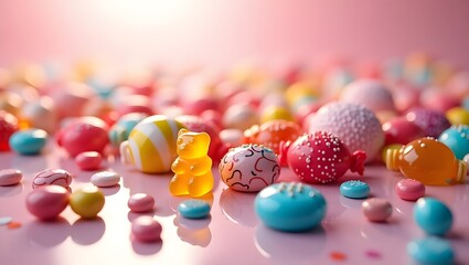 A delightful mix of bright candies on a pink backdrop, showcasing a variety of shapes and colors for a fun visual treat.  