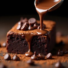 A rich chocolate brownie drizzled with glossy chocolate sauce, creating a decadent dessert scene.  