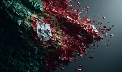 Artistic representation of a country flag breaking apart dramatically