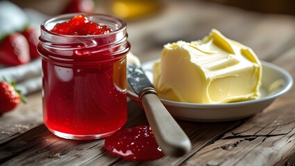 A close-up of rich strawberry jam and a dollop of soft butter, ready to enhance fresh bread or toast.  