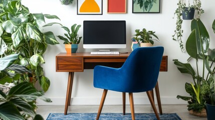 Colorful desk area with computer, wall, plants, and cheerful decor. Cozy blue chair and rug add warmth.