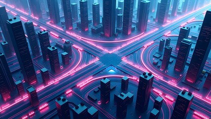 A stylized city filled with glowing neon lights, showcasing an energetic and modern urban environment.