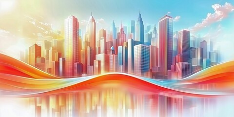 Vibrant City Skyline With Colorful Abstract Waves Reflecting on Water