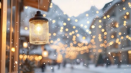 Festive lantern glowing on snow covered wooden surface, with blurred christmas village lights creating a magical atmosphere