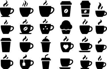 Set of black and white icons depicting various coffee and tea drinks, including cups, mugs, takeaway containers, and a cupcake.