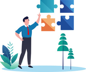 Solve puzzle problem, think of solution, finish or accomplishment, creativity idea or challenge, connect jigsaw piece to resolve work or business trouble, complete jigsaw puzzle.
