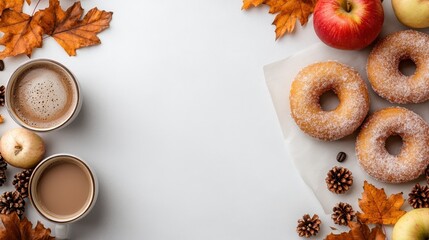 A delightful autumn scene featuring freshly baked donuts, apples, and coffee captures the essence of cozy vibes, inviting warmth and comfort during the fall season festivities.