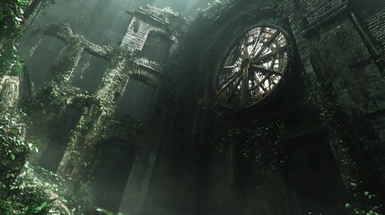 Naklejka premium Mysterious ruins of an old stone building overgrown with green plants and vegetation