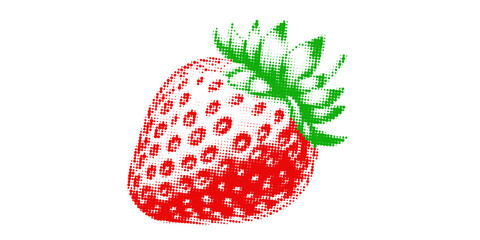 Pop art style halftone illustration of a strawberry with green leaves. Retro dotted texture effect, vibrant red and green colors, isolated on white background, stylized fruit design.