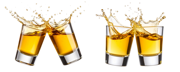 Two Tequila Shots Clinking with Splash Effect, isolated on transparent background PNG