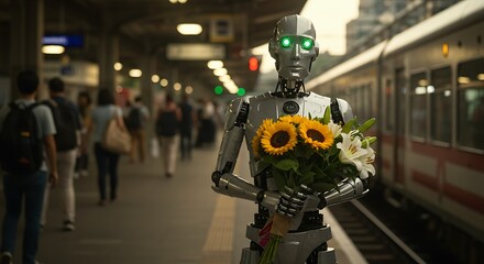 Android holding flowers at a train station, futuristic setting