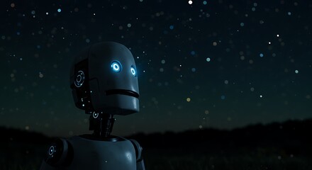 Android gazes at starry night sky, seeking new horizons.