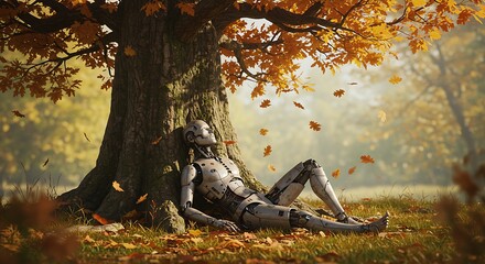 Robot resting under a tree on an autumn day.