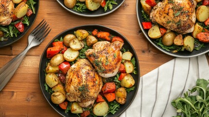 Flat lay of a festive meal with several plates of roasted chicken, potatoes, and seasonal vegetables
