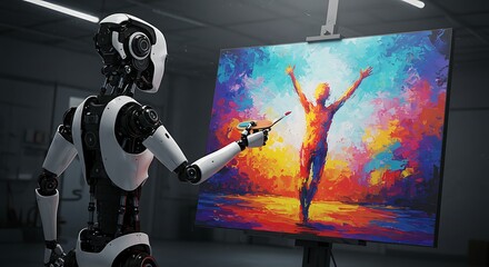 Robotic Artist Painting a Vibrant Abstract Figure on Canvas