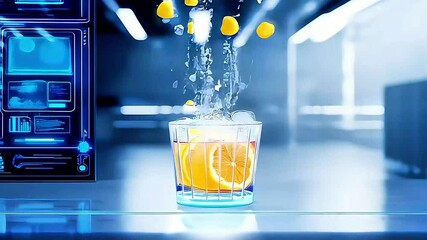 Sci-Fi Drink Simulation with Floating Molecules Forming Glowing Cocktail Glass - Powered by Adobe