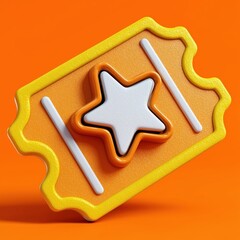 3D Rendering Colorful star-shaped ticket design on an orange background, showcasing a playful and modern aesthetic. Sosial media style icon