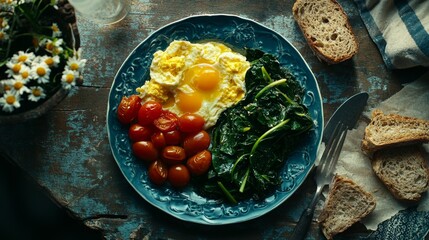 Flat lay of a healthy breakfast plate with scrambled eggs, sauted spinach, tomatoes, and whole grain bread