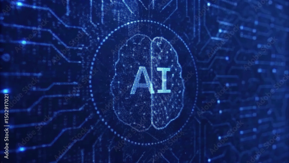 Poster ai intelligence displayed as digital brain and circuit board glows intensely with neon blue