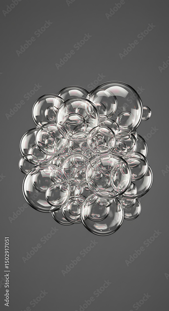 Poster abstract cluster of transparent bubbles 3d render glass spheres floating grey background
