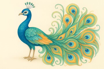 Obraz premium A vibrant watercolor illustration of a peacock with elaborate tail feathers against a light background
