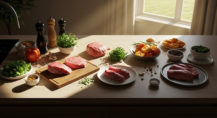 Raw Beef Cuts and Fresh Ingredients on a Kitchen Counter