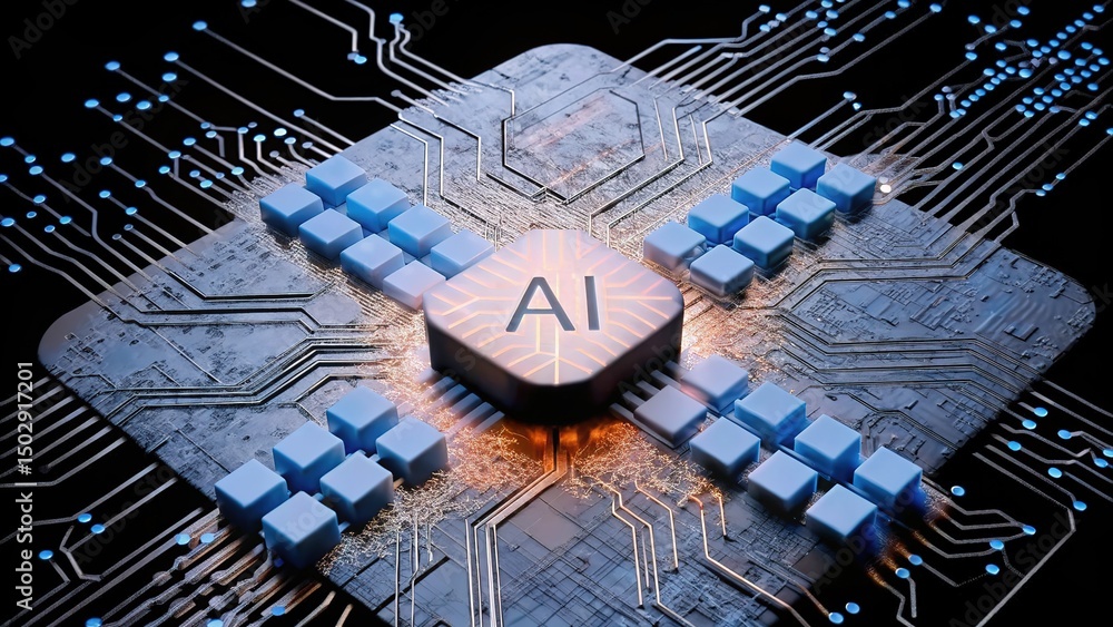 Aufkleber artificial intelligence core with blue cubes connects to the circuitry across a black background