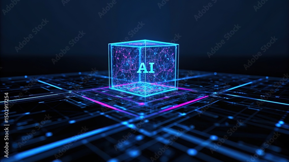 Aufkleber artificial intelligence cube floats above interconnected digital circuits glowing with pink and blue