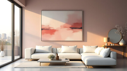 Modern living room with white couch and minimalist wall design creating a stylish and peaceful living space