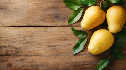 A trio of ripe pears nestled among green leaves on rustic wooden surface symbolizes abundance and natural beauty, highlighting the simplicity of farm-fresh produce.
