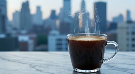 Steaming coffee with a cityscape view.
