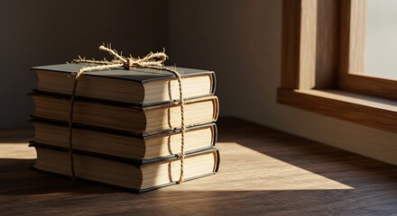 Stack of books tied with twine near a sunlit window.