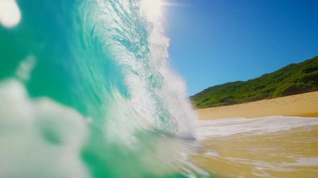 Vibrant ocean wave crashing onto sandy beach with lush green hills and shoreline bright blue sky, capturing power of sea, surf, and water stunning seaside scene with surfboard and coastline views