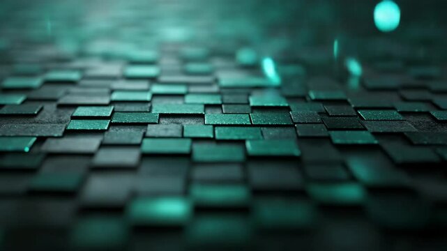 Futuristic Abstract Background Featuring Textured Surface with Illuminated Square Tiles Teal Light, Modern Geometric Design and Digital Concept of Technology Theme with Dynamic Pattern and Innovative