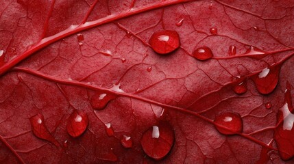 Fototapeta premium Vibrant red leaf adorned with glistening water droplets enhances the natural elegance of its veins, signifying vitality, freshness, and the beauty of nature's elements.