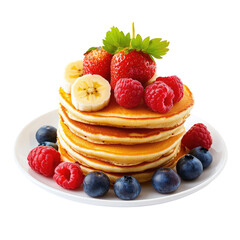 Collection of pancake stack with banana, strawberry, and raspberry isolated on transparent background

