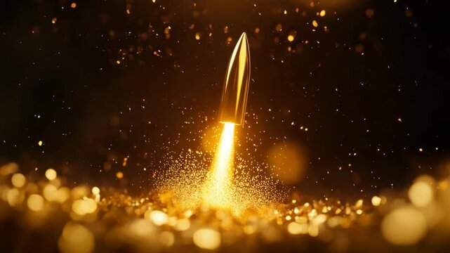 Shiny metallic bullet and projectile explosion with sparks, firework effects, and golden weapon sparks creating dynamic scene of power, energy, and innovation