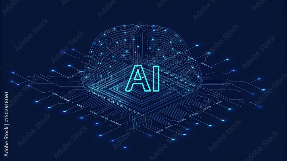 Aufkleber glowing blue ai letters overlap circuit board and stylized brain shape on a dark background