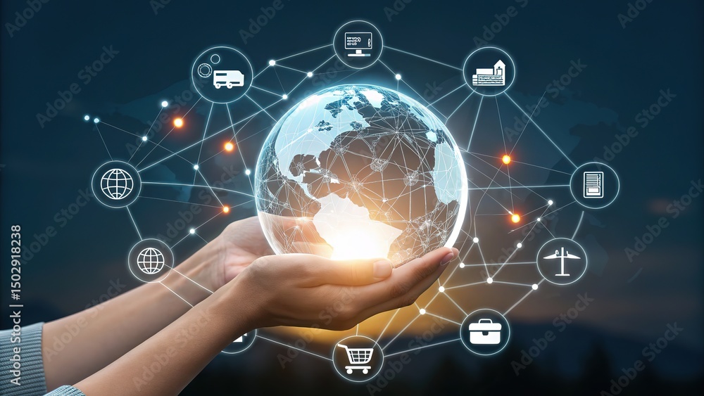 Poster glowing globe floats in palms against a dark background with digital icon connections