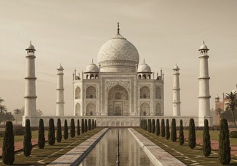 Taj mahal with reflection pool and surrounding gardens