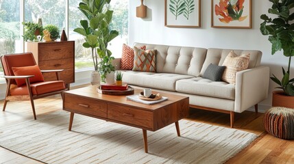 Mid-century inspired living room with beige sofa, wooden coffee table, plants, and neutral rug on wooden flooring