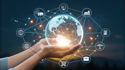 Glowing globe floats in palms against a dark background with digital icon connections