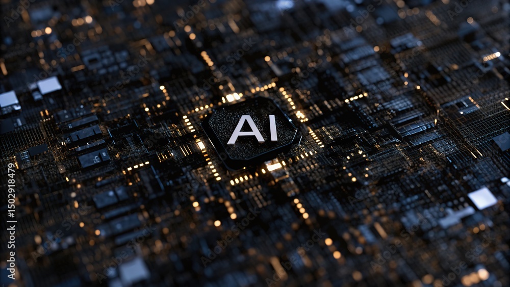 Poster illuminated ai letters rest atop a dark motherboard, signifying artificial intelligence integration