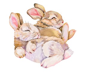 Two cute little bunnies sleeping together in a tender, heartwarming watercolor composition. Hand-painted, soft pastel tones, perfect for nursery, kids decor, or baby products